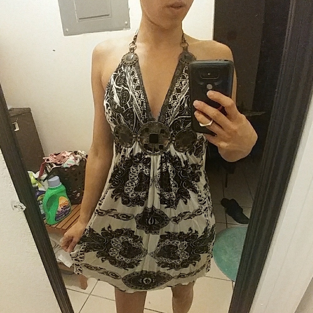 Sky Black and White Halter Mini Dress